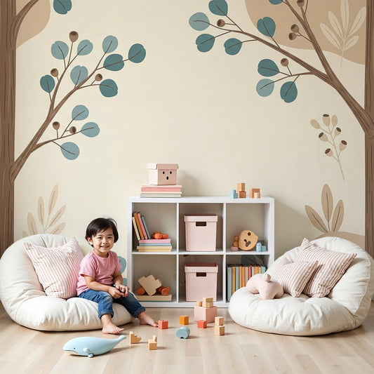 Kids-Mundo tree wall mural with teal leaves printed behind a cot in a calm nursery