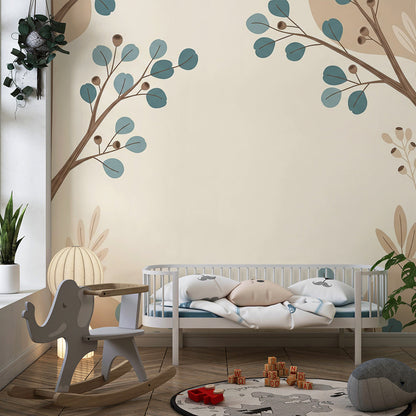 Kids-Mundo tree wall mural adding a modern teal leaf design to a bright playroom wall