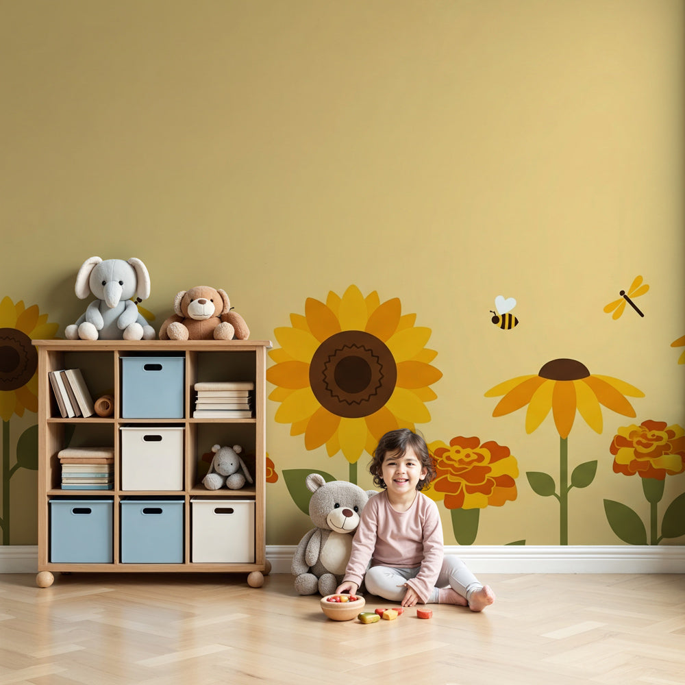Sunflower garden mural wallpaper creating bright cheerful nursery with natural wood furniture by Kids-Mundo