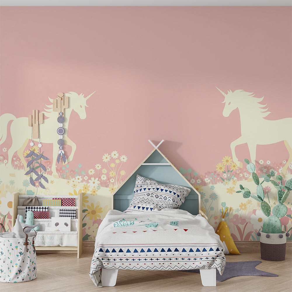Kids-Mundo sunflower meadow unicorn wall mural styled in a child's bedroom with soft pink tones