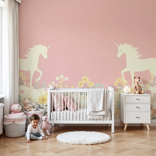 Kids-Mundo unicorn wall mural with a sunflower meadow scene installed in a bright baby nursery