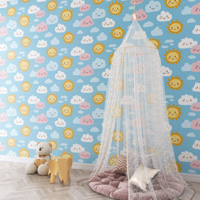 Cloud theme wallpaper creating dreamy atmosphere in children's bedroom decor