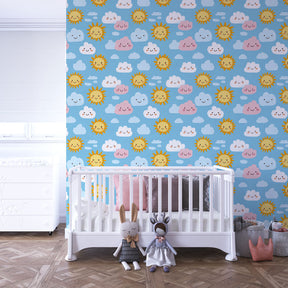 Cheerful sky wallpaper with smiling suns transforming kids playroom space