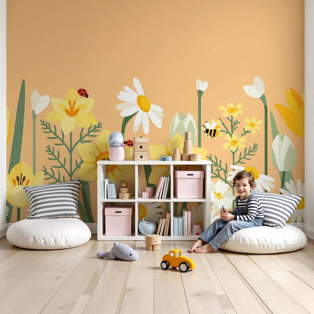 Kids-Mundo sunny wildflower wall mural styled behind a cot in a warm peach and yellow nursery.