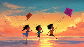 Detailed sunset beach mural wallpaper design pattern showing kids flying kites by Kids-Mundo