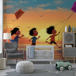 Beach adventure wallpaper creating coastal themed nursery with warm sunset colors by Kids-Mundo