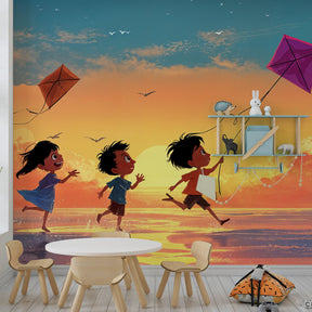 Kids flying kites beach wallpaper transforming playroom into coastal adventure space by Kids-Mundo