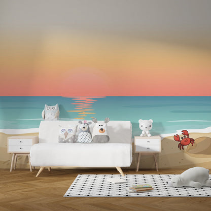 Kids-Mundo coastal turtle and crab wall mural covering a feature wall in a kids' bedroom