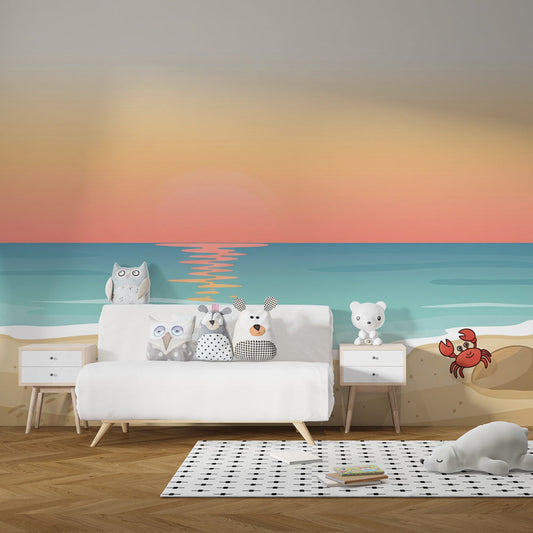 Kids-Mundo coastal turtle and crab wall mural covering a feature wall in a kids' bedroom
