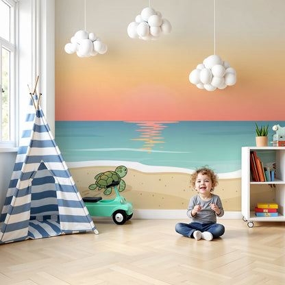 Kids-Mundo sunset beach wall mural with turtle and crab styled behind a cot in a nursery