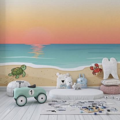 Kids-Mundo sunset beach wall mural brightening a calm, coastal-themed children's playroom
