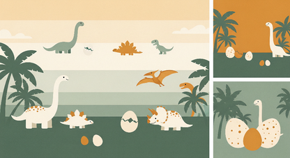 Kids-Mundo flat artwork of dinosaur silhouettes and hatching eggs under a sunset sky