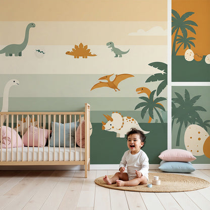 Kids-Mundo sunset dinosaur egg mural in a warm-toned nursery with cot and shelving