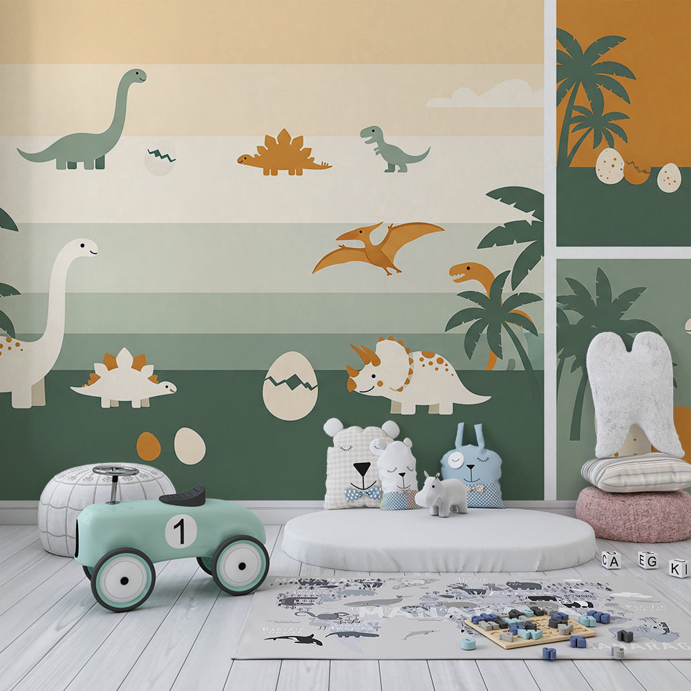 Kids-Mundo dinosaur silhouette mural covering a playroom wall with toy storage