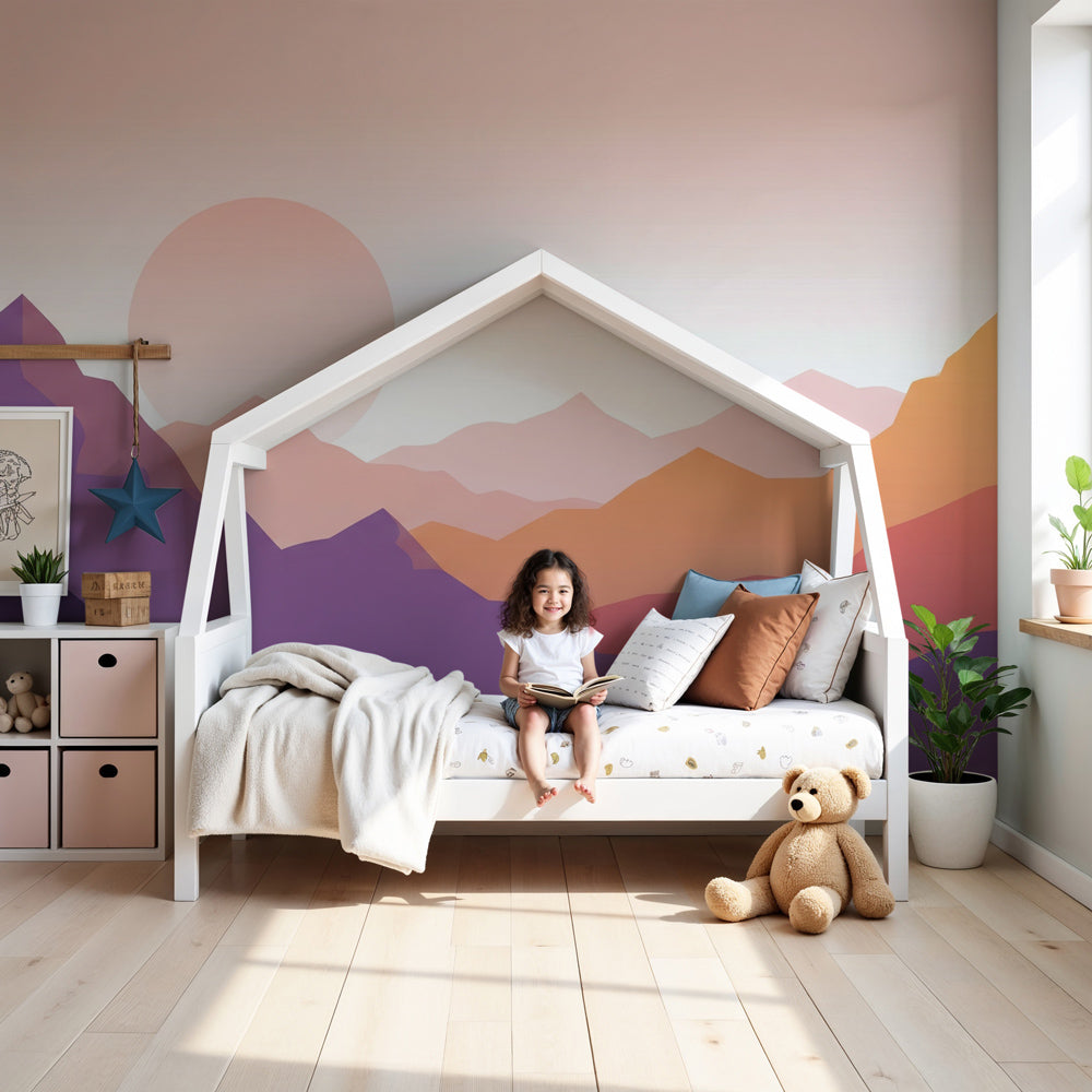 Kids-Mundo sunset gradient mountain wall mural in a calm nursery with a cot and soft neutral decor