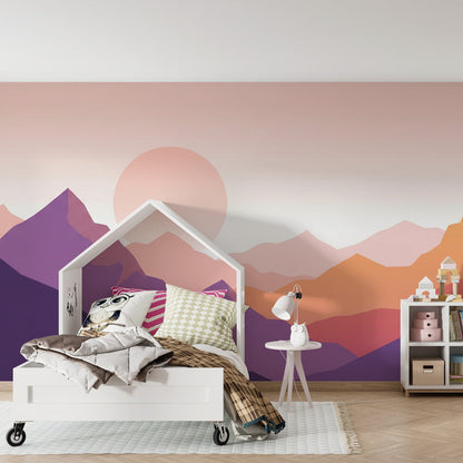 Kids-Mundo sunset gradient mountain wall mural brightening a colourful children's playroom corner