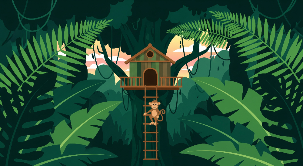 Kids-Mundo flat artwork of a monkey climbing a ladder to a treehouse at jungle sunset.