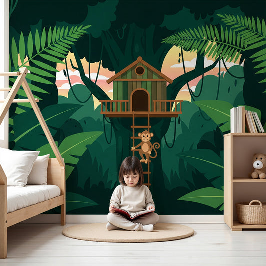 Kids-Mundo sunset treehouse wall mural with a climbing monkey in a soft, calm nursery.