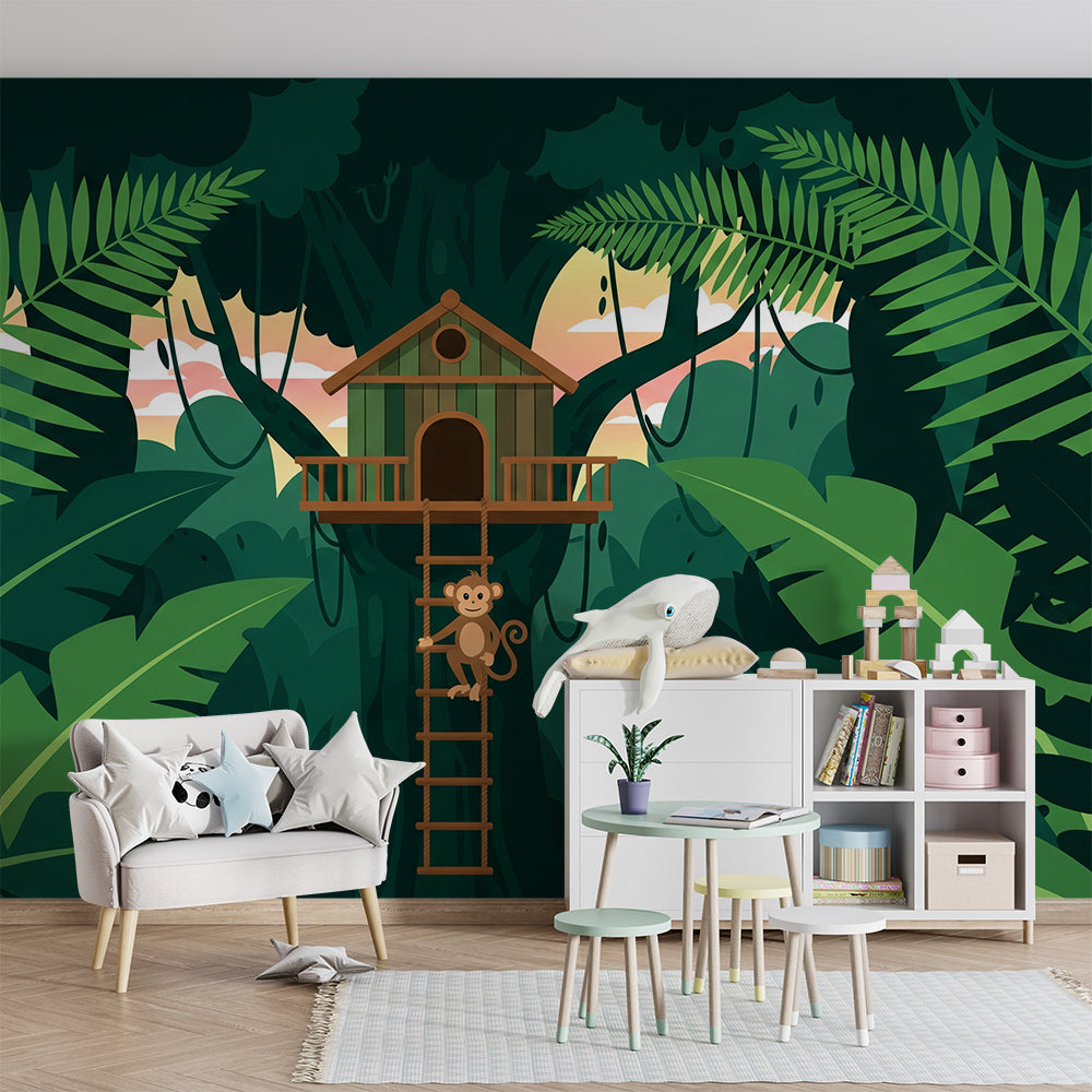Kids-Mundo dusk jungle treehouse wall mural bringing adventure to a children's playroom wall.