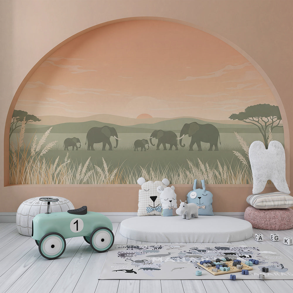 Kids-Mundo elephant family sunset wall mural above a bed in a kids bedroom