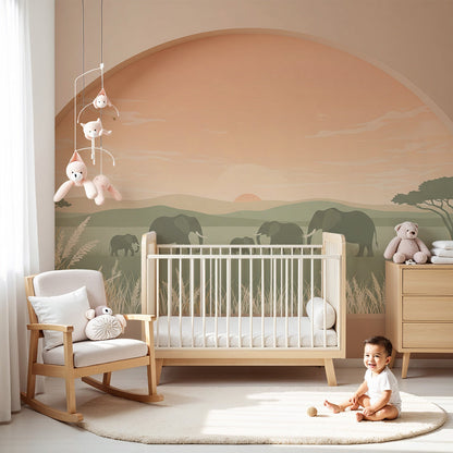 Kids-Mundo golden sunset elephant wall mural in a blush pink nursery with a cot