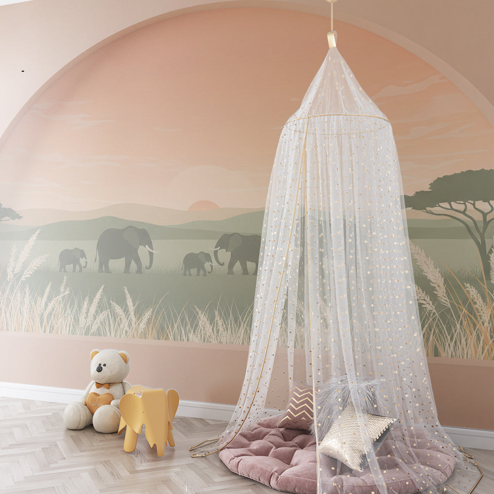 Kids-Mundo sunset savanna elephant wall mural covering a wall in a playroom
