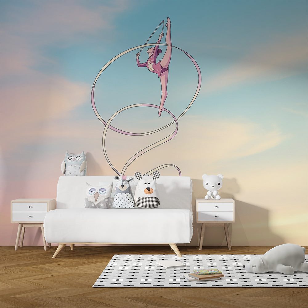 Kids-Mundo watercolour gymnast wall mural shown on a feature wall in a girl's bedroom