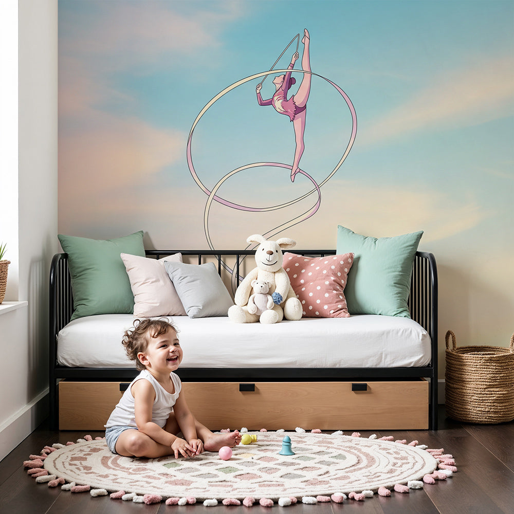 Kids-Mundo sunset sky gymnast wall mural styled in a soft, calm nursery setting