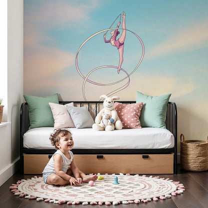 Kids-Mundo sunset sky gymnast wall mural styled in a soft, calm nursery setting
