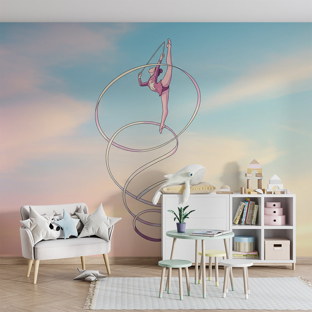 Kids-Mundo dreamy sky ribbon gymnast wall mural brightening a children's playroom wall