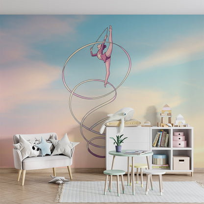 Kids-Mundo dreamy sky ribbon gymnast wall mural brightening a children's playroom wall