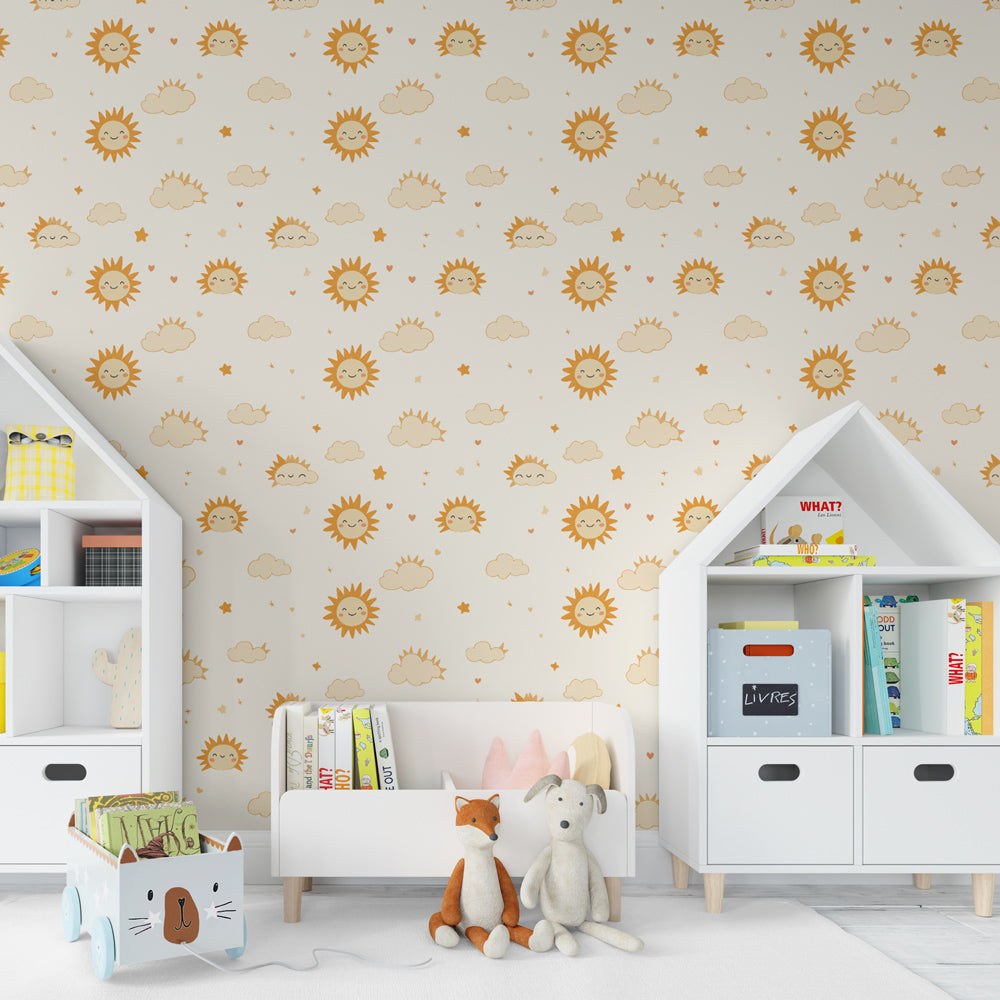 Happy sky themed mural wallpaper creating cheerful kids bedroom decor atmosphere