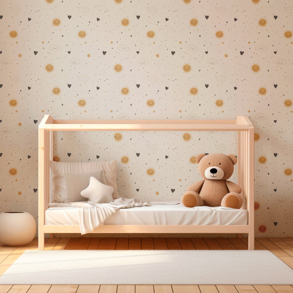 Playroom wall decorated with sunshine clouds mural wallpaper creating joyful atmosphere for children