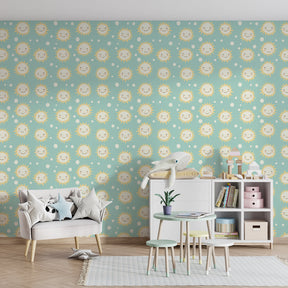 Happy sunshine wallpaper creating playful and calming children's room environment