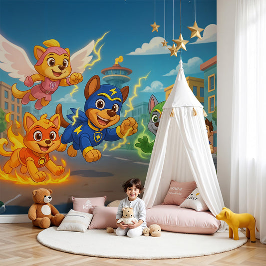 Kids-Mundo superhero animal squad wall mural made to measure above a bed in a colourful kids bedroom