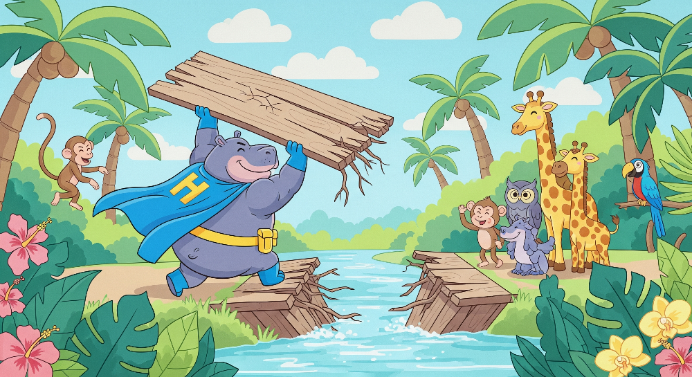 Superhero Hippo Fixing a Jungle Bridge Wall Mural