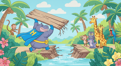 Kids-Mundo flat artwork preview of a caped hippo hero and jungle animal friends at a bridge.