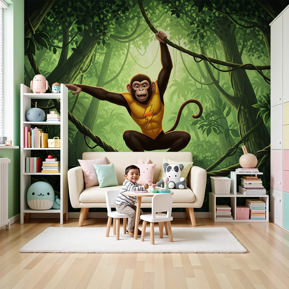 Kids-Mundo superhero monkey jungle mural styled on a green-toned nursery wall.