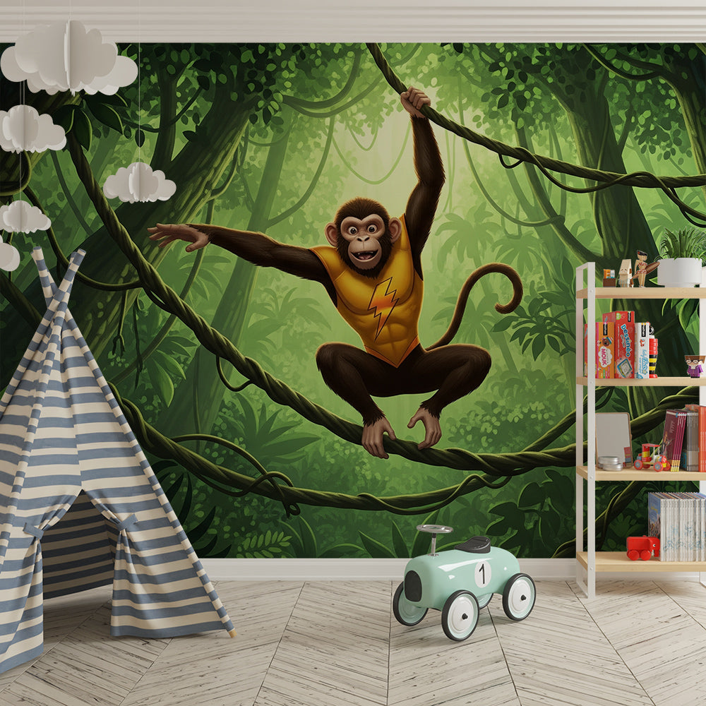 Kids-Mundo superhero monkey mural swinging across a lively children's playroom wall.
