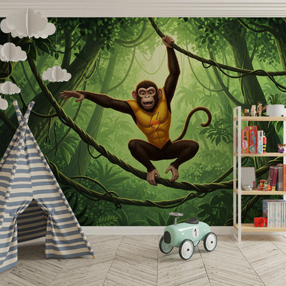 Kids-Mundo superhero monkey mural swinging across a lively children's playroom wall.