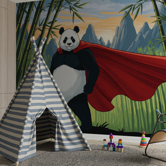 Kids-Mundo superhero panda bamboo wall mural behind a bed in a boys kids bedroom