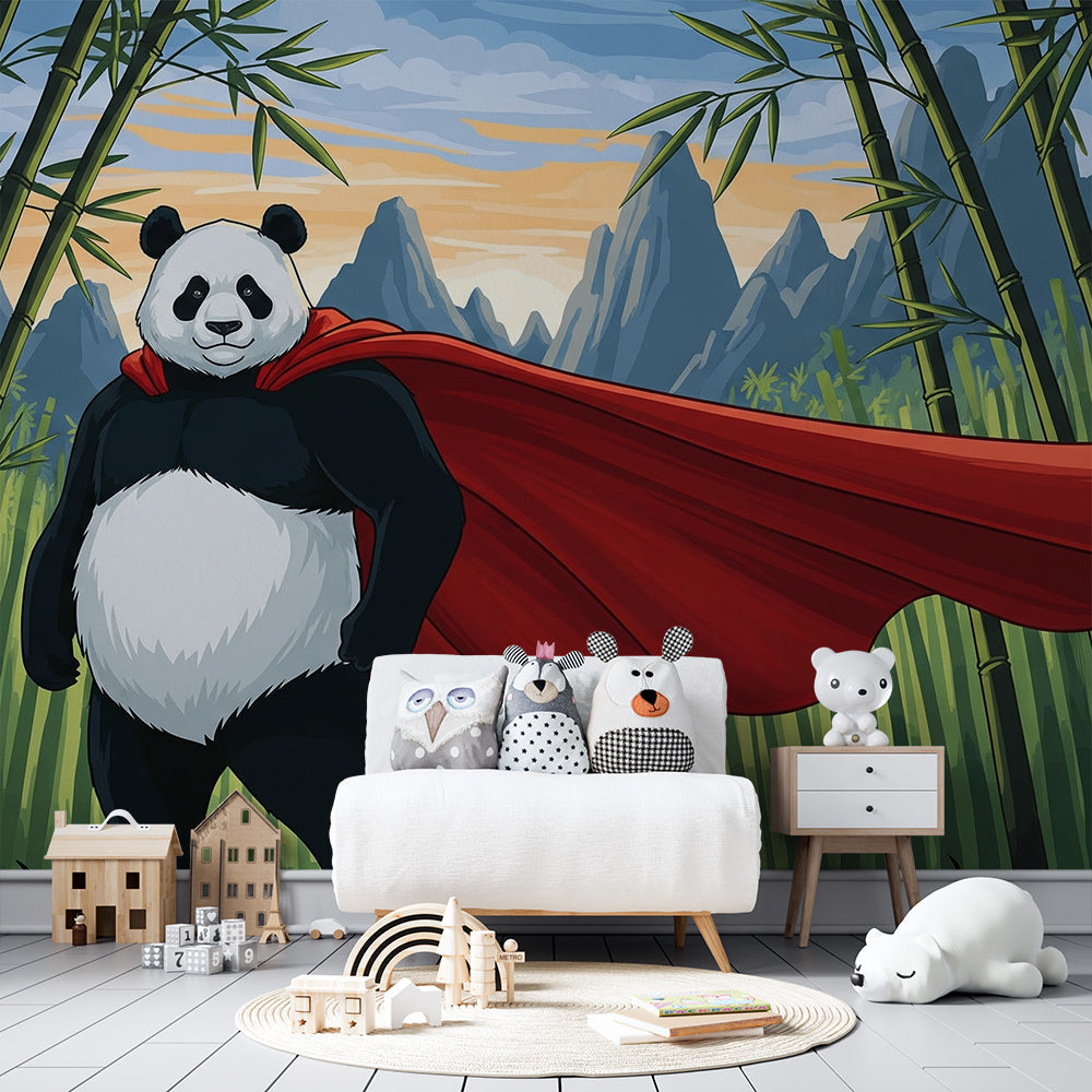 Superhero panda bamboo forest wall mural by Kids-Mundo in a playroom setting
