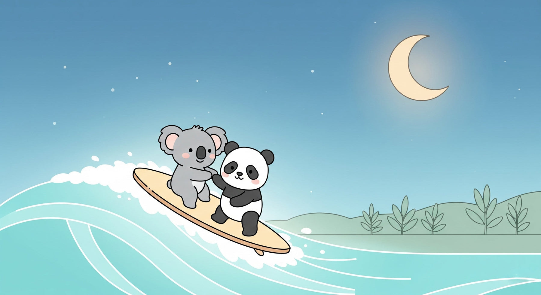 Detailed surfing animals mural wallpaper design pattern showing koala panda ocean waves by Kids-Mundo