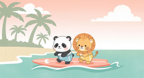 Detailed surfing panda and lion tropical mural wallpaper design pattern by Kids-Mundo