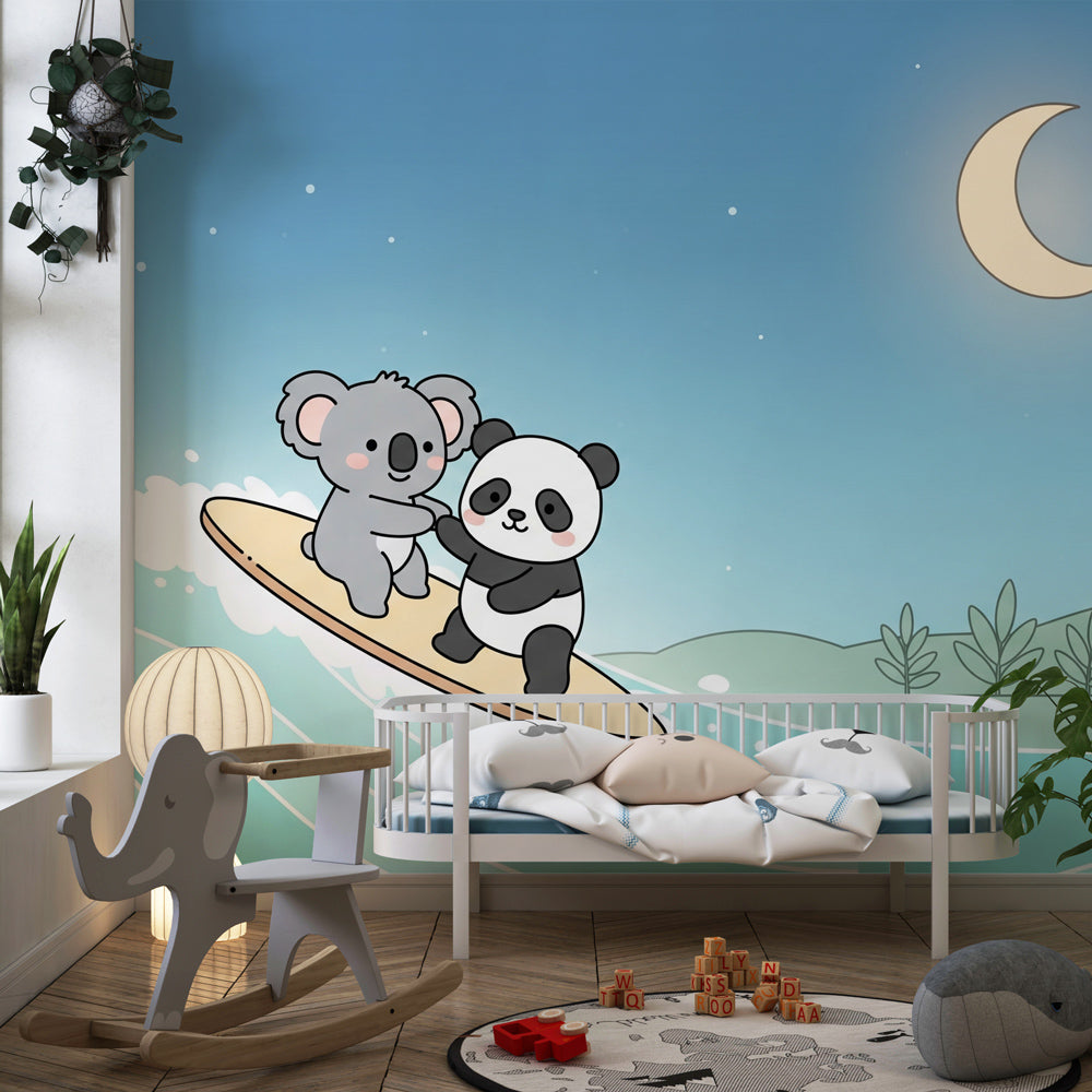 Playful animal surfing wallpaper creating magical ocean atmosphere in kids playroom