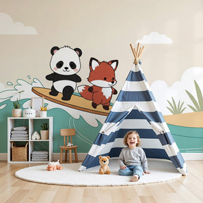 Surfing panda and fox mural wallpaper in modern nursery setting by Kids-Mundo