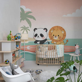 Beach-themed children's wallpaper with panda lion surfing design in bright playroom setting