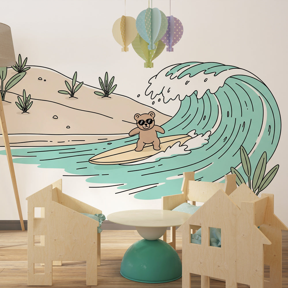 Ocean adventure bear wallpaper creating playful coastal atmosphere in kids bedroom