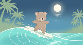 Detailed surfing bear mural wallpaper design pattern showing ocean waves and moonlit scene