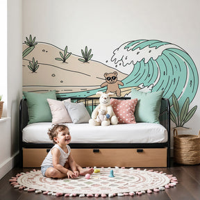Surfing bear ocean mural wallpaper in bright modern nursery with coastal decor by Kids-Mundo